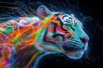 Neon light tiger in motion with colorful streaks and futuristic energy