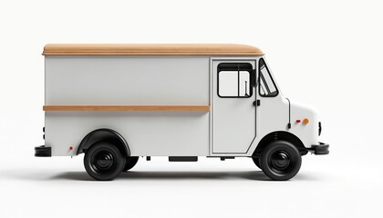 White food truck with wooden top black wheels. Vehicle empty space for logo text, mockup template. Fast food delivery, mobile cafe business, street eatery, trailer design. Retro food service