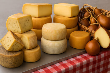 Assorted Cheeses Neatly Arranged on Wooden Table Representing Dairy Products, Tasting and Gourmet Presentation