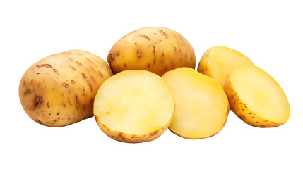 Whole and Sliced Fresh Potatoes on White Background