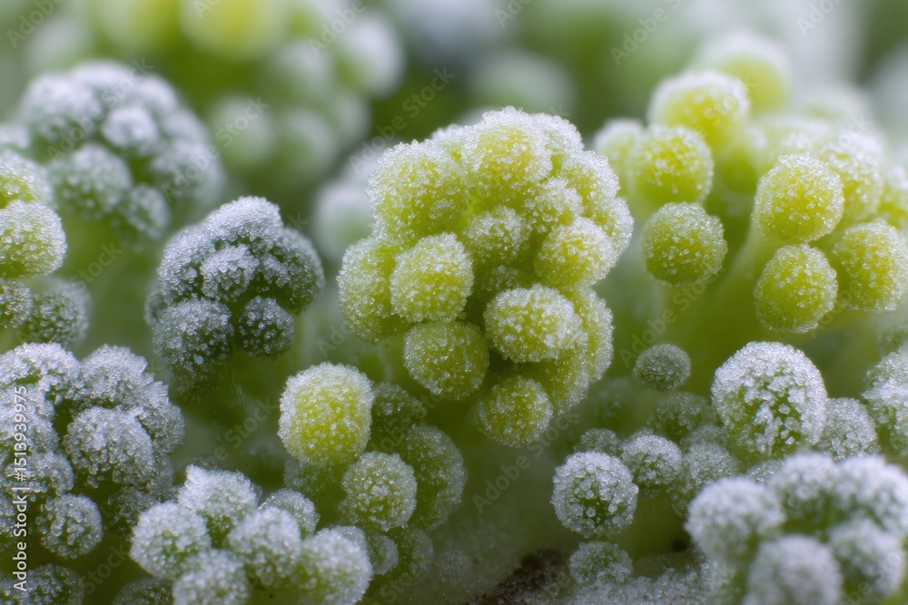 Poster macro view of frost particles on frozen vegetable pack showcasing delicate textures and colors in ic