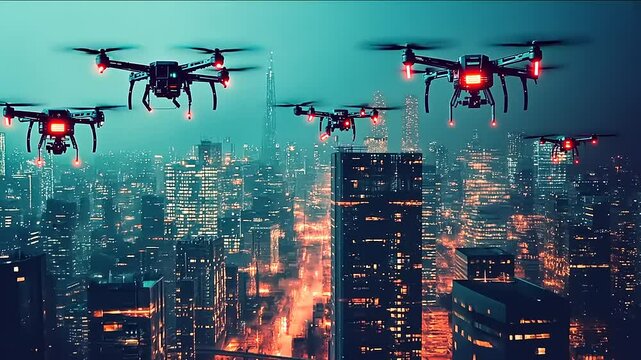Futuristic urban landscape featuring a swarm of drones navigating the night skyline