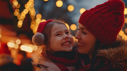 A laughing mother and daughter embrace joy at a festive outdoor event, bathed in warm lights and dressed in holiday-themed attire, sharing a precious, lighthearted moment together. - Powered by Adobe