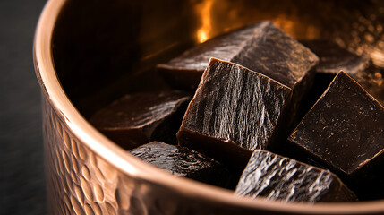 Dark chocolate squares in a hammered copper bowl create an inviting, artisan dessert scene. The rich tones highlight texture and indulgence.
