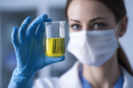 Laboratory research experiment with yellow liquid medical lab scientific analysis controlled environment close-up view