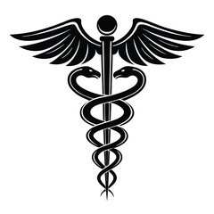 Black and White Caduceus Symbol Depicting Healing Medicine and Commerce with Two Snakes Coiled Around a Staff and Wings at the Top