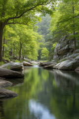 Naklejka premium crystal clear creek winding through lush forest sunlight filtering through leaves creating serene atmosphere