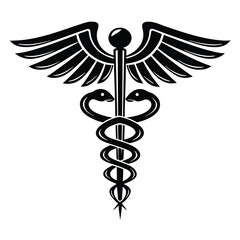 Monochrome Caduceus Symbol Illustrating Healthcare and Medicine Featuring Two Snakes Coiled Around a Winged Staff Set Against a White Background