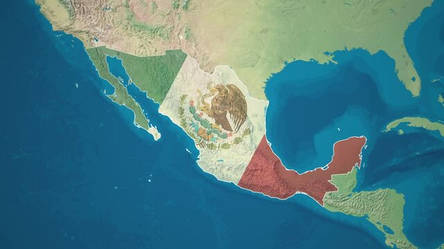 Zoom from Earth to Mexico. (Country Flag) World map animation with highlighted country borders. North America Cinematic 3d world map animation highlights aerial views, tourism, and travel. 4k