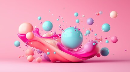 Splash of Colorful 3D Bubbles in Motion on a Pink Background