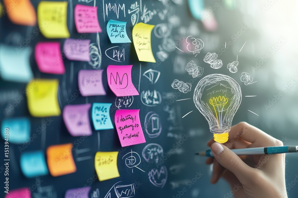Poster business confident portrait concept. creative brainstorming with sticky notes and a lightbulb illust