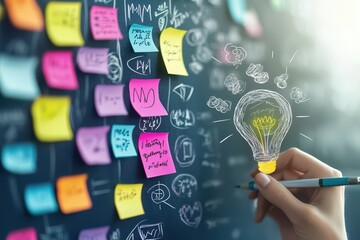 business confident portrait concept. Creative brainstorming with sticky notes and a lightbulb illustration on a chalkboard.
