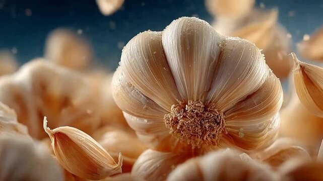 Garlic Head: A detailed close-up showcases the intricate texture and natural beauty of a fresh garlic head, complemented by individual cloves.