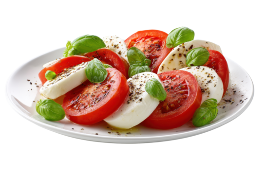 Caprese Salad on a Plate: A delightful Caprese salad, featuring fresh slices of ripe tomatoes and creamy mozzarella cheese, adorned with fragrant basil leaves and a touch of seasoning. 