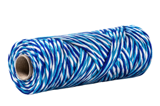 Blue and White Striped Twine: A roll of vibrant blue and white striped twine, perfect for crafting, packaging, or decorative purposes. The twine features a unique, eye-catching pattern.