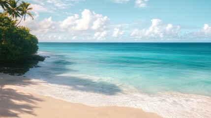 Idyllic tropical beach scene featuring turquoise ocean sandy shoreline palm trees and cloudy sky perfect for vacation relaxation and travel