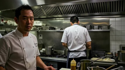 Professional chefs in a busy restaurant kitchen preparing gourmet dishes