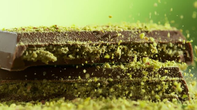 Super Slow Motion of Crushed Pistachios Falling on Dubai Chocolate Pieces at 1000fps.