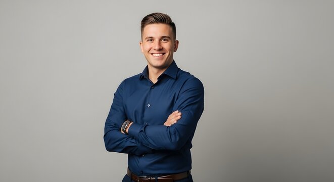 A confident business man, in a navy blue shirt, is smiling with arms crossed, exuding professionalism and approachability. This high-quality stock photo is perfect for your business-related projects.