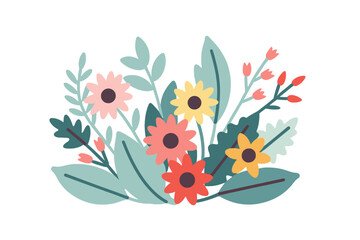 Colorful Floral Arrangement Illustration - Cute Flower Bouquet Clipart for Spring Designs - Botanical Vector Graphic with Pastel Leaves and Blossoms for Decoration