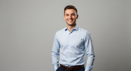 A confident and charismatic man in a button-up shirt and pants exudes approachability with a warm smile, set against a clean, modern backdrop. 