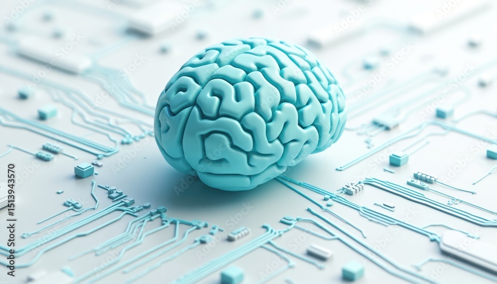 Poster illustration of 3d brain icon with blue outline on white background. futuristic concept of network c