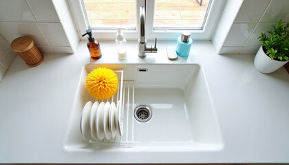 Kitchen sink with dishes, sponge, and cleaning supplies in daylight  