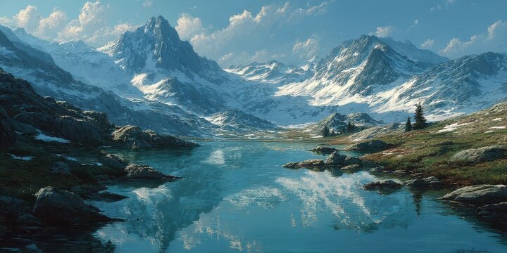 Majestic snow-capped mountains reflect in tranquil lake under clear blue sky at dawn with lush greenery