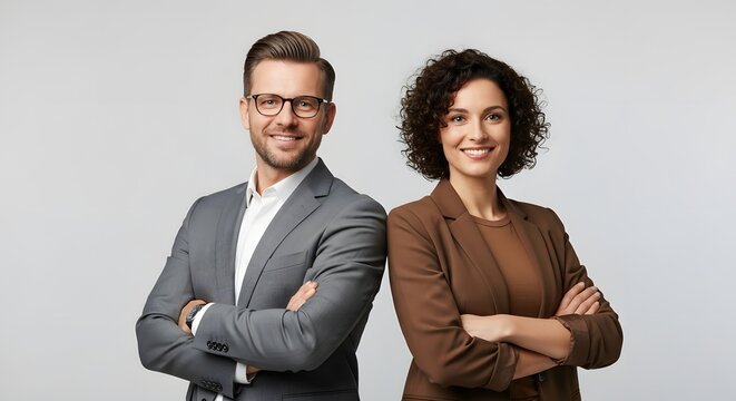 Two confident business partners, a man and a woman, stand back to back with arms crossed, exuding professionalism and collaboration. A business duo embodying partnership, equality, and success.