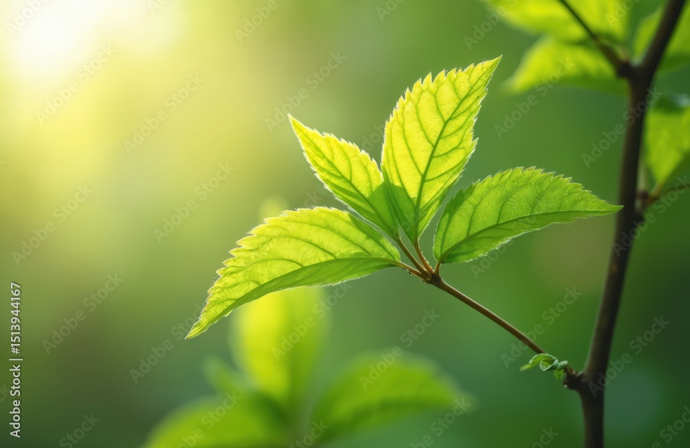 Poster close-up shot of vibrant green leaves illuminated by sunlight. photo of foliage with transparent tex