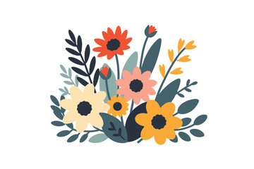 Fototapeta premium Colorful Flower Bouquet Illustration - Modern Floral Design with Orange Pink and Yellow Blooms - Perfect for Spring or Summer Themes - Flat Vector Art on White Background