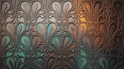 Ornate Metalwork A Detailed Close Up of an Art Deco Style Pattern with Oxidized Copper and Teal Patina