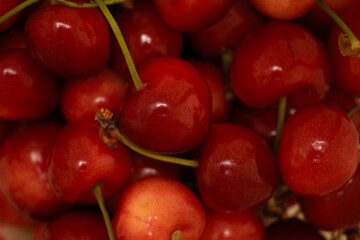 shot captures a generous pile of fresh, ripe cherries, highlighting their vibrant red hues and natural texture. Perfect for food photography, healthy recipes, or farmers' market promotions