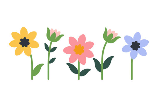 Cute Colorful Flower Clipart Illustration- Whimsical Floral Design for Spring Projects- Vector Flowers in Yellow, Pink and Blue with Green Stems and Leaves