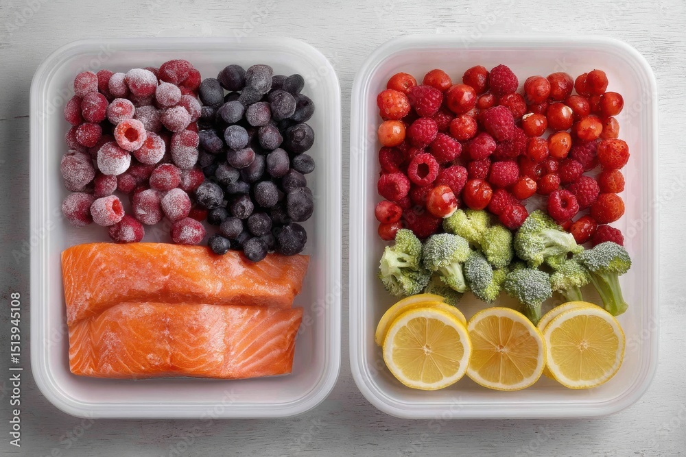 Poster comparison of shelf life for fresh and frozen foods presented in organized containers on a clean sur