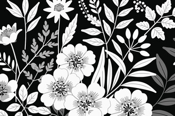 Elegant Floral Pattern in Black and White- Stylish Botanical Design with Delicate Flowers and Leaves- Modern Floral Art for Backgrounds and Prints