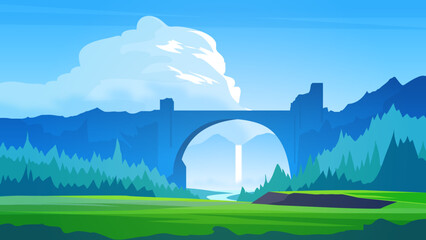 Serene Landscape with Majestic Bridge and Waterfall