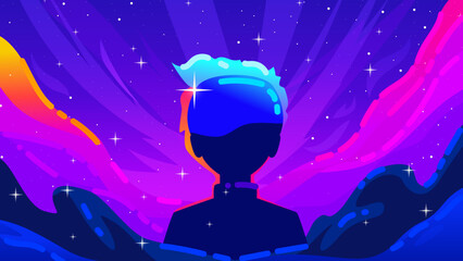 Silhouette of Person in Cosmic Space with Colorful Nebula