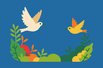 Obraz premium Two Birds Flying Above Foliage Illustration - Cute Bird Graphic for Spring Designs - Whimsical Nature Scene with Birds and Greenery