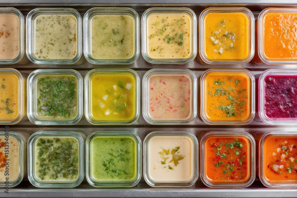Poster clean layout featuring a variety of frozen soups in glass containers arranged neatly on a tray