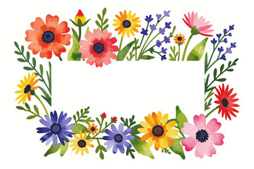 Watercolor Floral Frame Illustration - Colorful Flower Border with Blank Space for Text - Hand Painted Spring Flowers for Greetings and Invitations