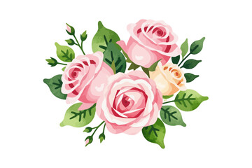 Obraz premium Watercolor Pink Roses Bouquet Illustration - Delicate Floral Arrangement with Green Leaves - Romantic Flower Design for Greeting Cards and Invitations_
