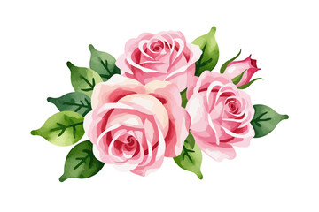 Fototapeta premium Watercolor Pink Roses Illustration- Beautiful Floral Arrangement with Green Leaves- Delicate Rose Bouquet for Valentine's Day or Wedding Invitations_