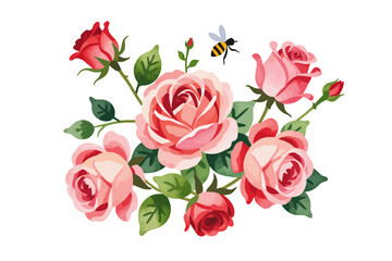 Naklejka premium Watercolor Roses and Bee Illustration- Delicate Floral Arrangement- Perfect for Wedding Invitations and Springtime Designs- Botanical Art with Pink and Red Roses_