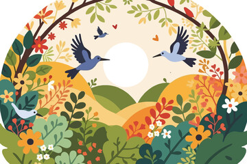 Whimsical Bird and Flower Illustration - Colorful Nature Scene with Flying Birds - Cute Floral Landscape Design for Spring or Summer Projects - Vector Art