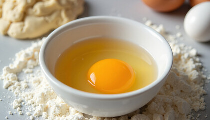 Egg in bowl surrounded by flour and raw eggs for making dough  