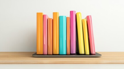 Naklejka premium Colorful books rest on a tablet on a wooden surface