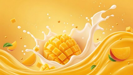 Vibrant mango splash with milk waves and flowing juice illustration for advertising