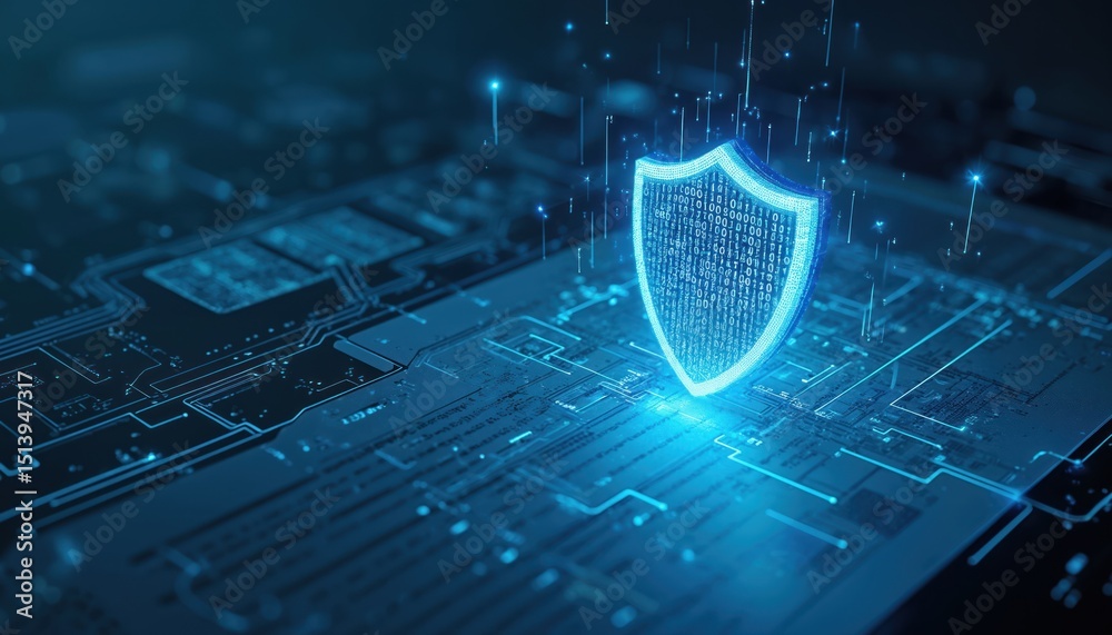 Leinwandbilder Conceptual artwork Smart law. Digital shield protects legal documents. Cybersecurity representation law practices. Illustration shows abstract shield over circuit board, binary code, data protection.