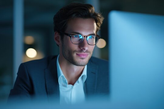 Man wearing glasses looking at a computer screen in a dark room.